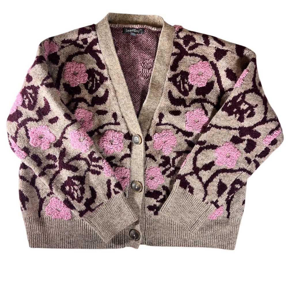 Laurel Grey Cardigan XL Tan Pink Floral V-Neck Button Front Bouclé Excellent
